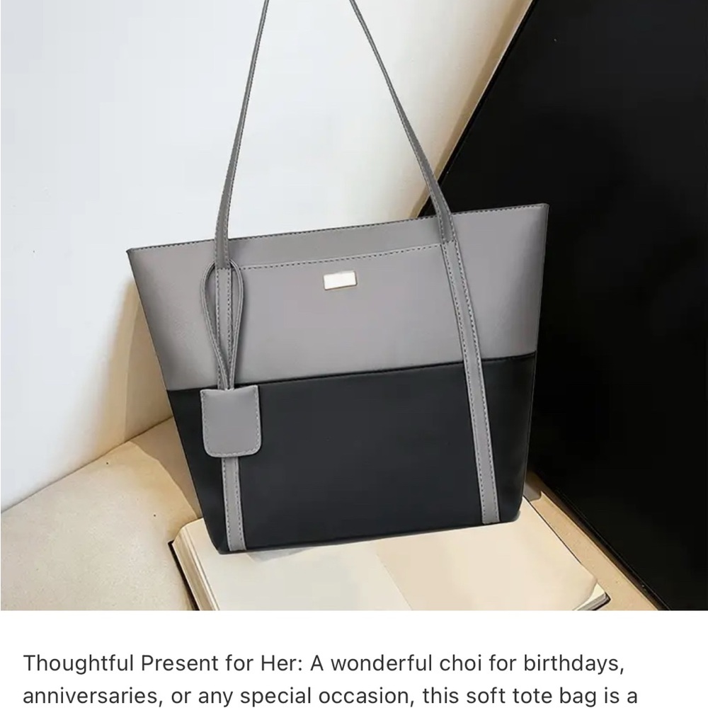 Two-Tone Gray & Black Structured Tote Bag with Pocket NIP - Picture 12 of 14
